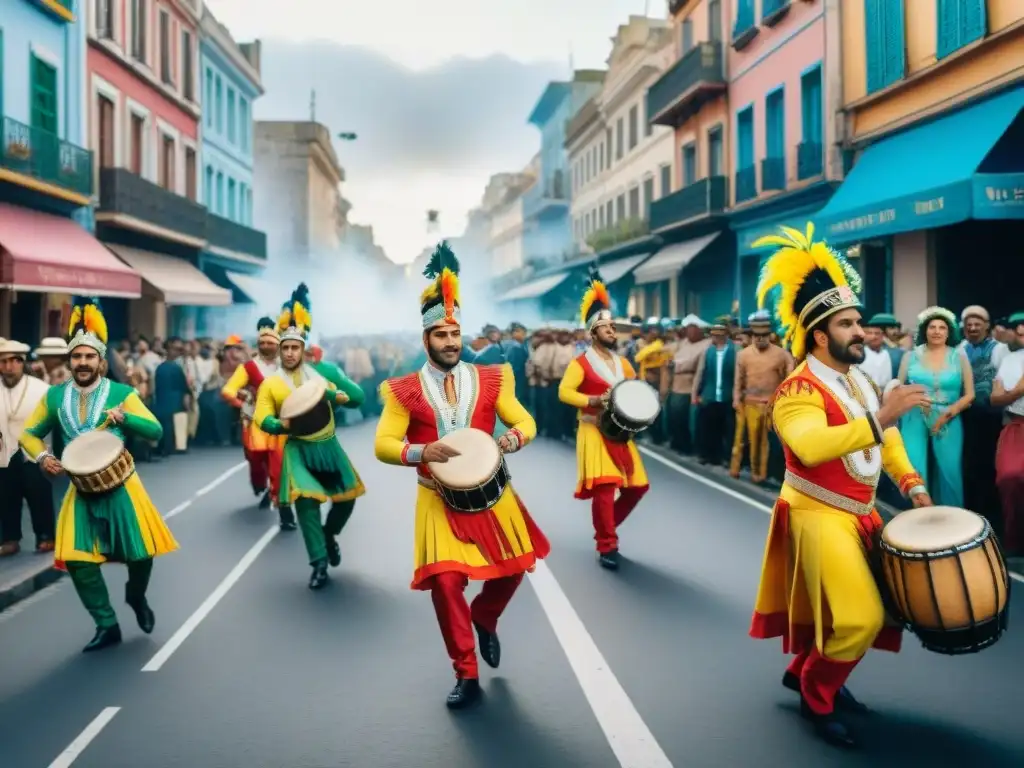 Escena vibrante del Carnaval Uruguayo en Montevideo con coloridos trajes, espectadores alegres y tambores candombe