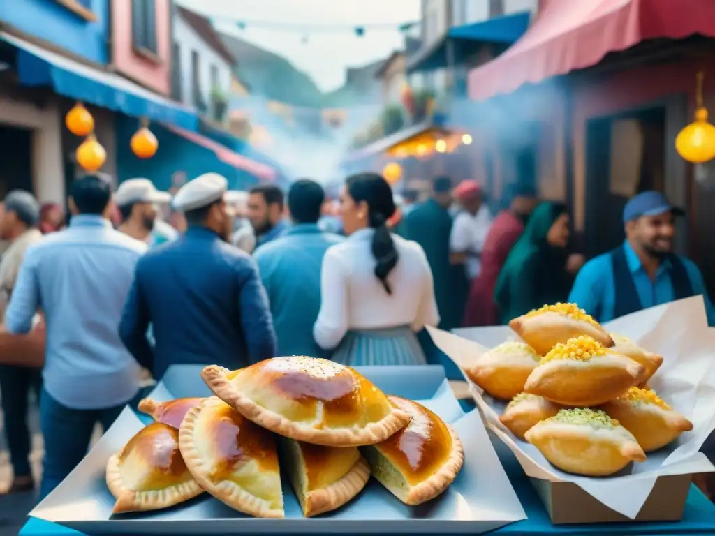 Escena vibrante del Carnaval Uruguayo con puestos de comida vendiendo platos tradicionales, capturando la gastronomía del Carnaval Uruguayo