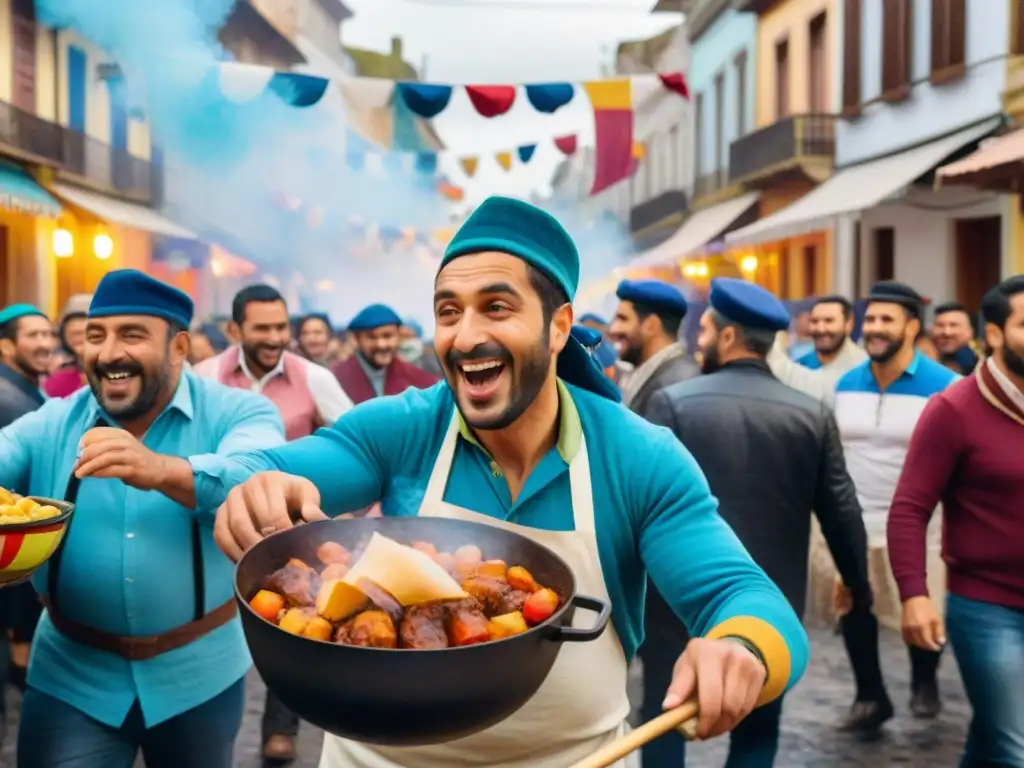 Escena vibrante del Carnaval Uruguayo con Sabor tradición: gente colorida disfrutando de Guiso Carrero en la calle festiva