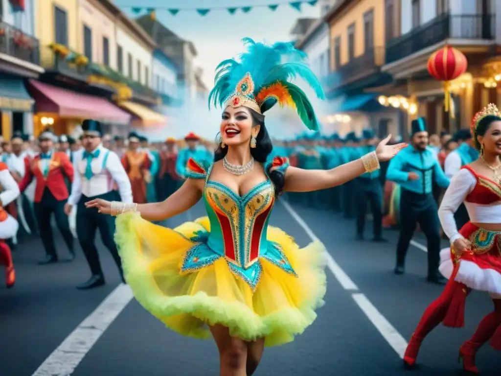 Escena vibrante del Carnaval Uruguayo con platos icónicos y alegría desbordante