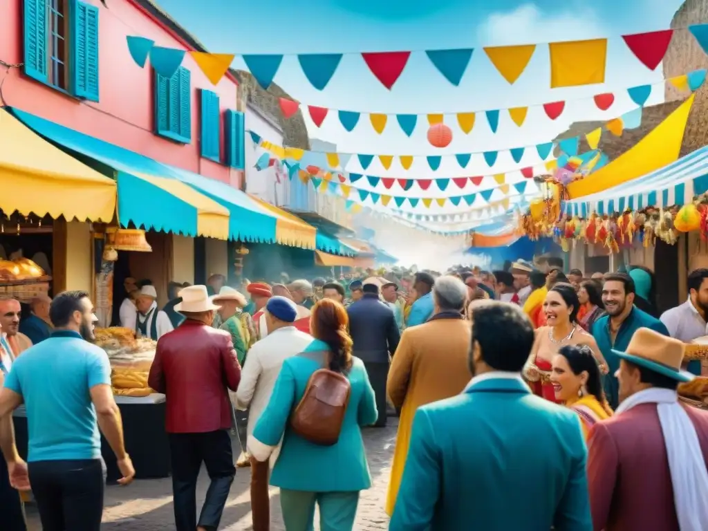 Escena vibrante del Carnaval Uruguayo con platos icónicos y energía festiva en la calle