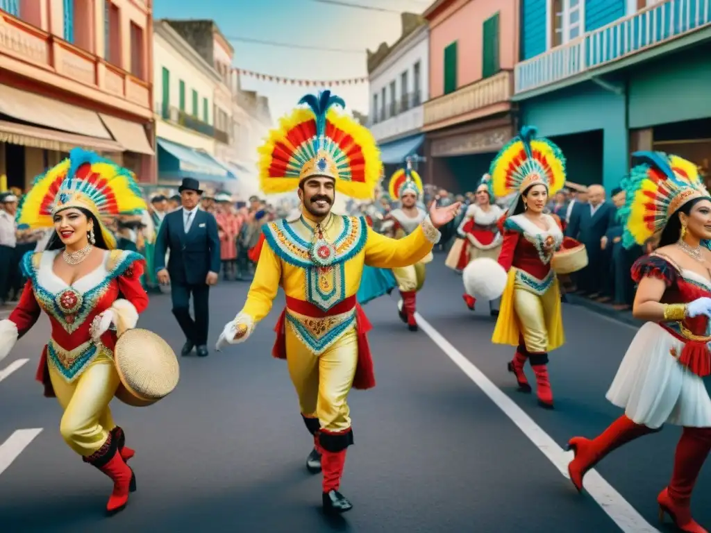 Escena vibrante del Carnaval Uruguayo siglo XX con músicos, bailarines y espectadores