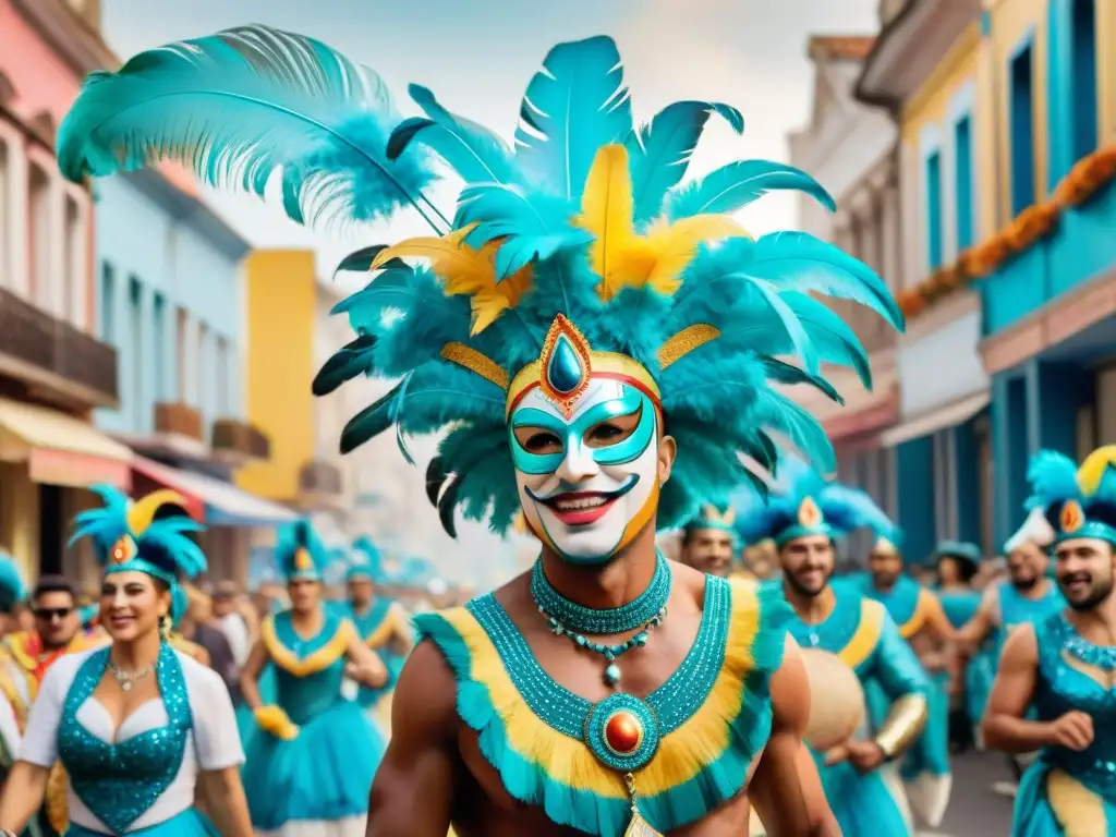 Escena vibrante del Carnaval uruguayo en la calle, con trajes coloridos y música alegre