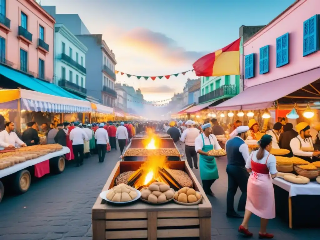 Escena vibrante de Cocina tradicional en Carnaval Uruguayo: chefs preparando asado, chivito y empanadas en bulliciosa calle de Montevideo