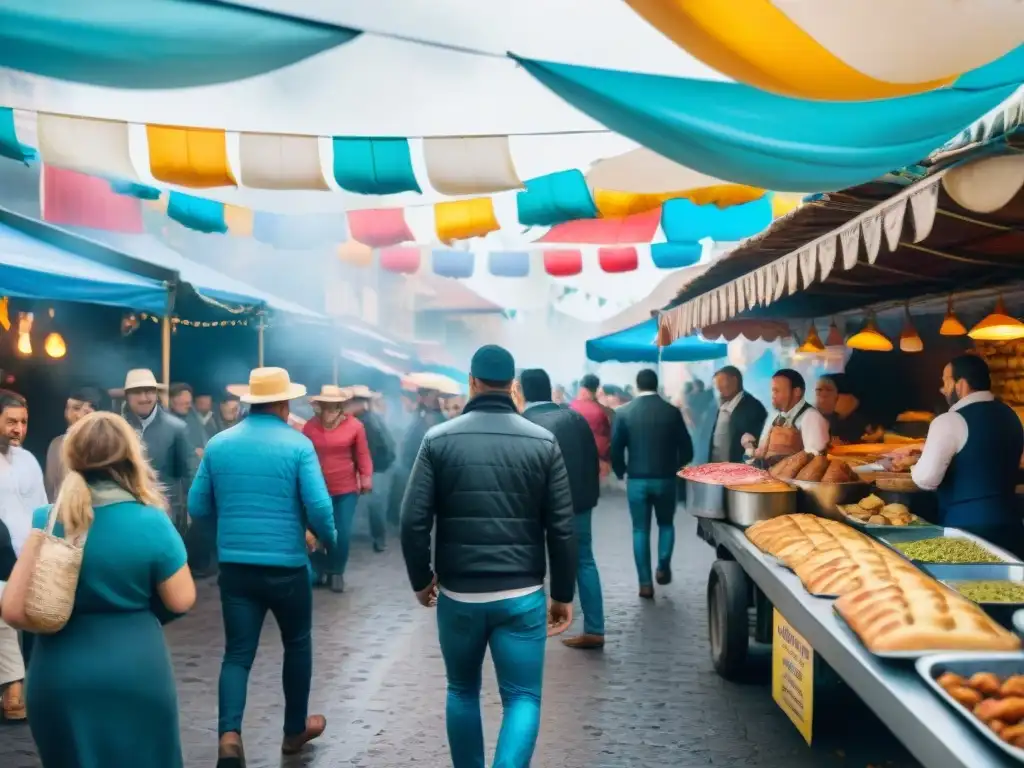 Escena vibrante de la gastronomía del Carnaval Uruguayo: coloridos puestos de comida y gente disfrutando bajo banderines festivos