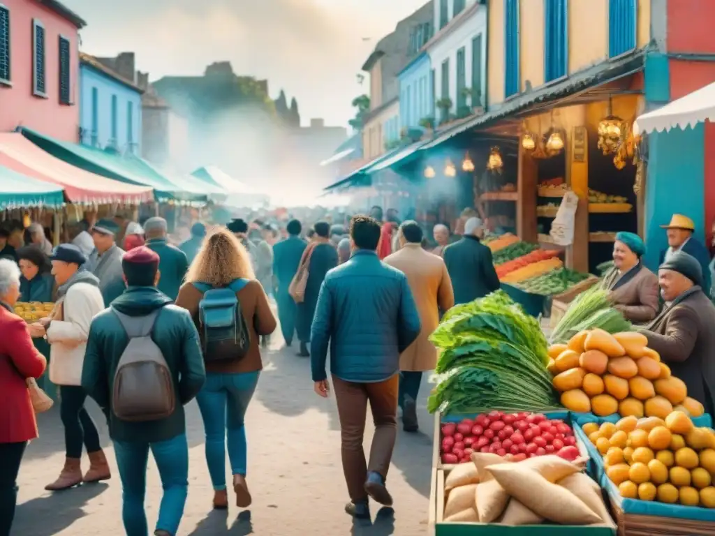 Escena vibrante de mercado al aire libre durante el Carnaval en Uruguay, con ingredientes de Cocina criolla