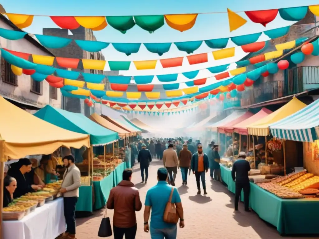 Escena vibrante de un mercado callejero en el Carnaval Uruguayo, con gastronomía típica y ambiente festivo