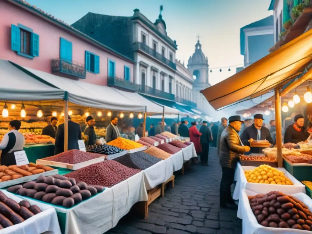 Escena vibrante en un mercado uruguayo durante Carnaval, con vendedores de Morcilla Dulce