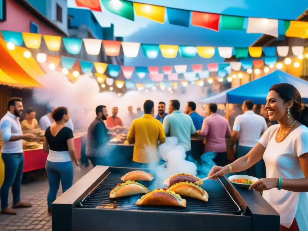 Una escena vibrante de parrillada uruguaya en Carnaval, con cocina tradicional y festividad