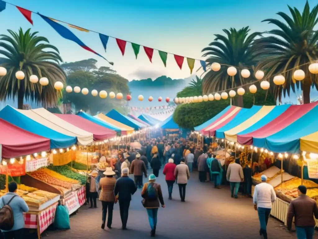 Escena vibrante de puestos comida Carnaval Uruguayo con coloridos alimentos y festiva decoración en bulliciosa calle