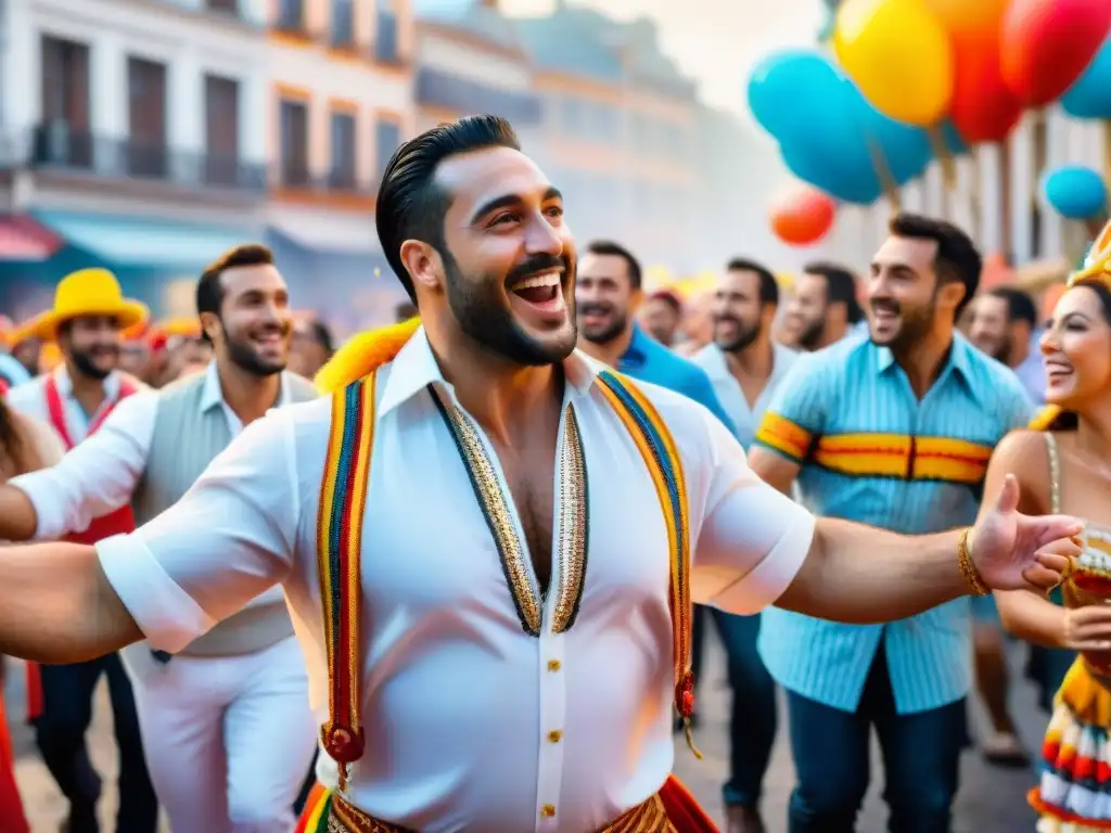 Esencia del Carnaval Uruguayo: grupo diverso bailando alegremente en trajes coloridos, sonrisas radiantes y ambiente festivo