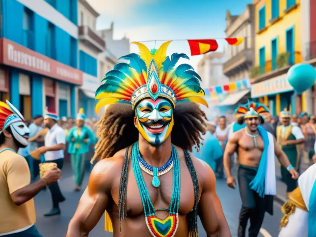 Esencia vibrante del Carnaval de Uruguay con máscaras y danzas, en una calle de Montevideo