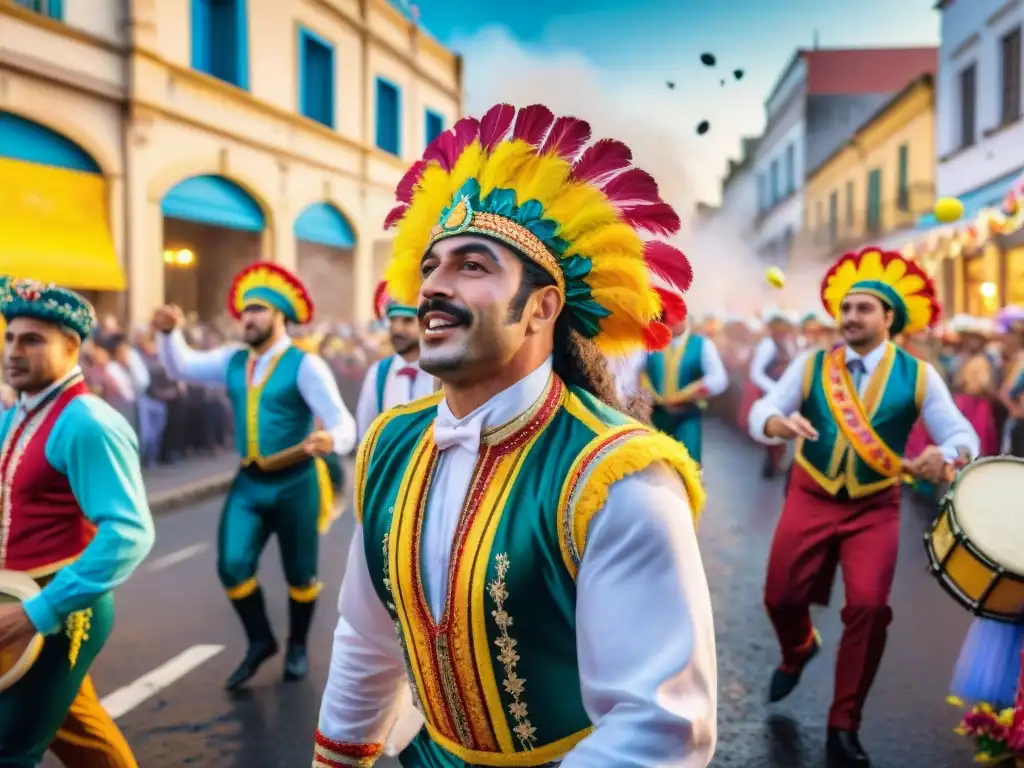 Espectacular desfile de Carnaval en Uruguay, con músicos, bailarines y carros coloridos