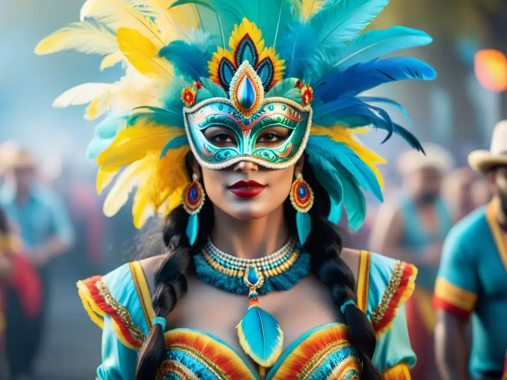 Un espectacular disfraz de Carnaval Uruguayo con plumas, lentejuelas y patrones tradicionales, ¡un look perfecto Carnaval Uruguayo!