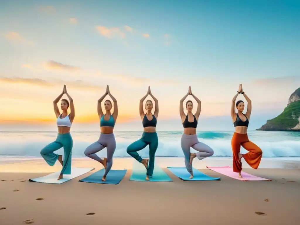 Estiramientos esenciales para artistas: grupo de artistas de carnaval practicando yoga al amanecer en la playa