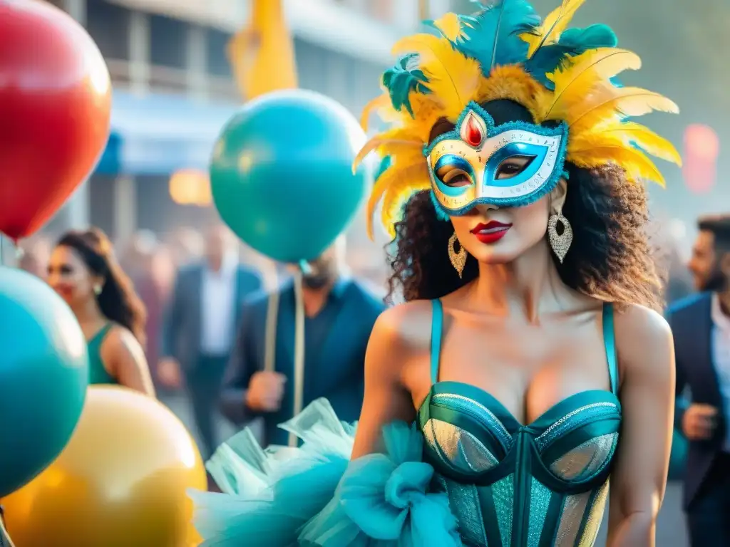 Ilustración acuarela de Evento VIP Carnaval Uruguayo con asistentes elegantes y coloridas decoraciones festivas