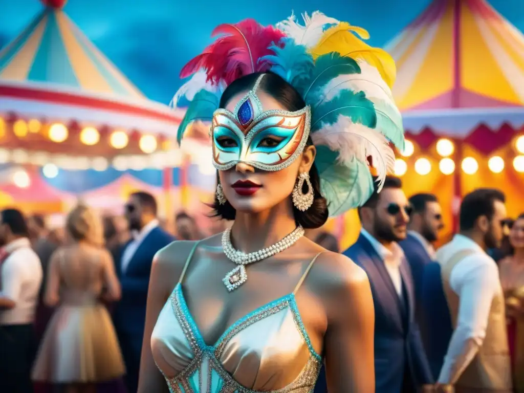 Un evento VIP en el Carnaval Uruguayo: elegancia y color en una ilustración detallada de alta sociedad y festividad