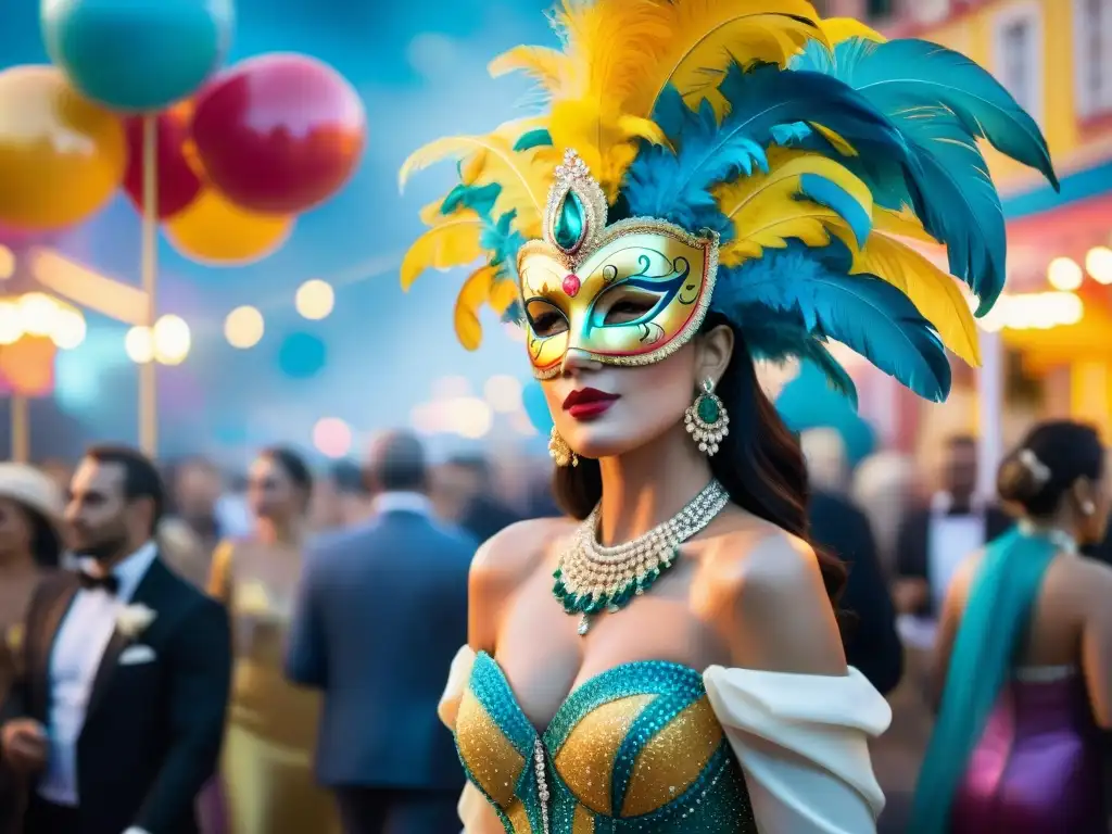 Un evento VIP lleno de glamour en el Carnaval Uruguayo, con invitados elegantes bajo decoraciones festivas