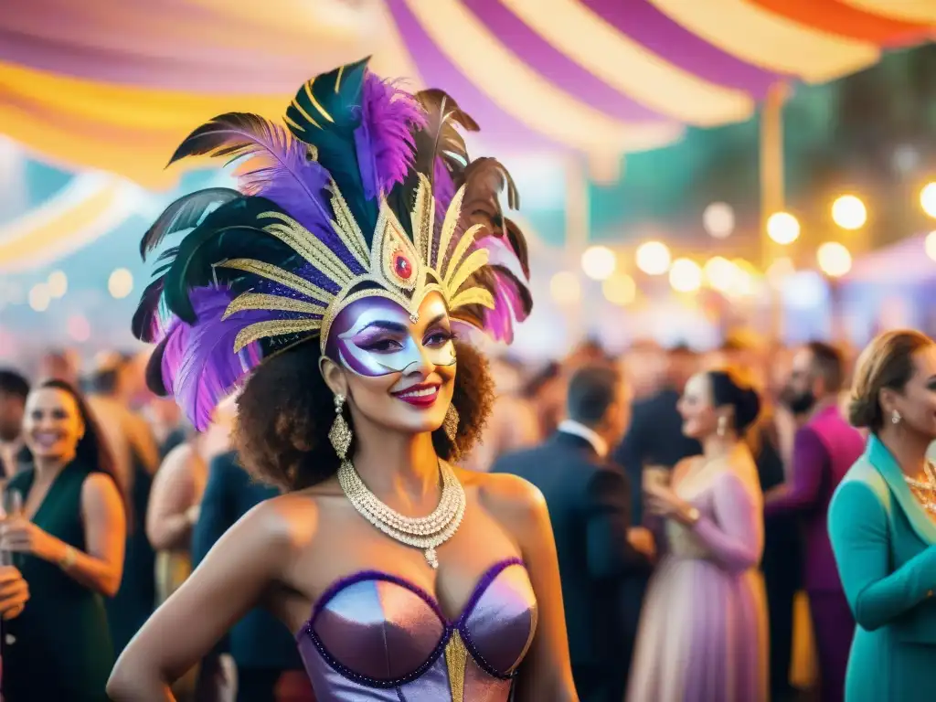 Un evento VIP en el vibrante Carnaval Uruguayo: invitados elegantes bajo coloridas carpas, luces y desfile festivo