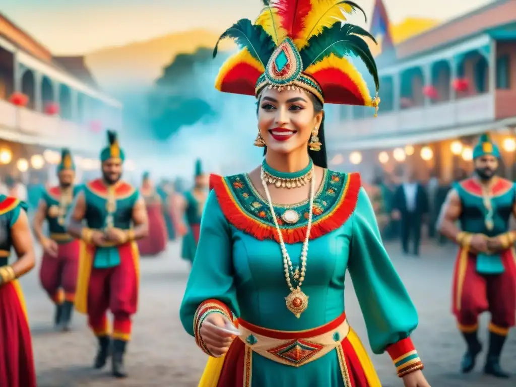 Evento virtual Carnaval Uruguayo: coloridos trajes, música alegre y decoraciones festivas en una plataforma digital interactiva