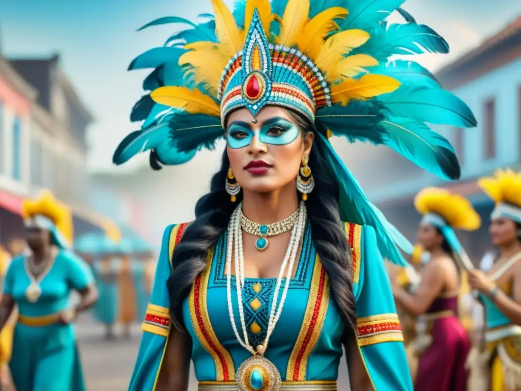 Evocadora pintura acuarela de la evolución de trajes de carnaval en Uruguay, desde atuendos indígenas hasta vestimentas modernas