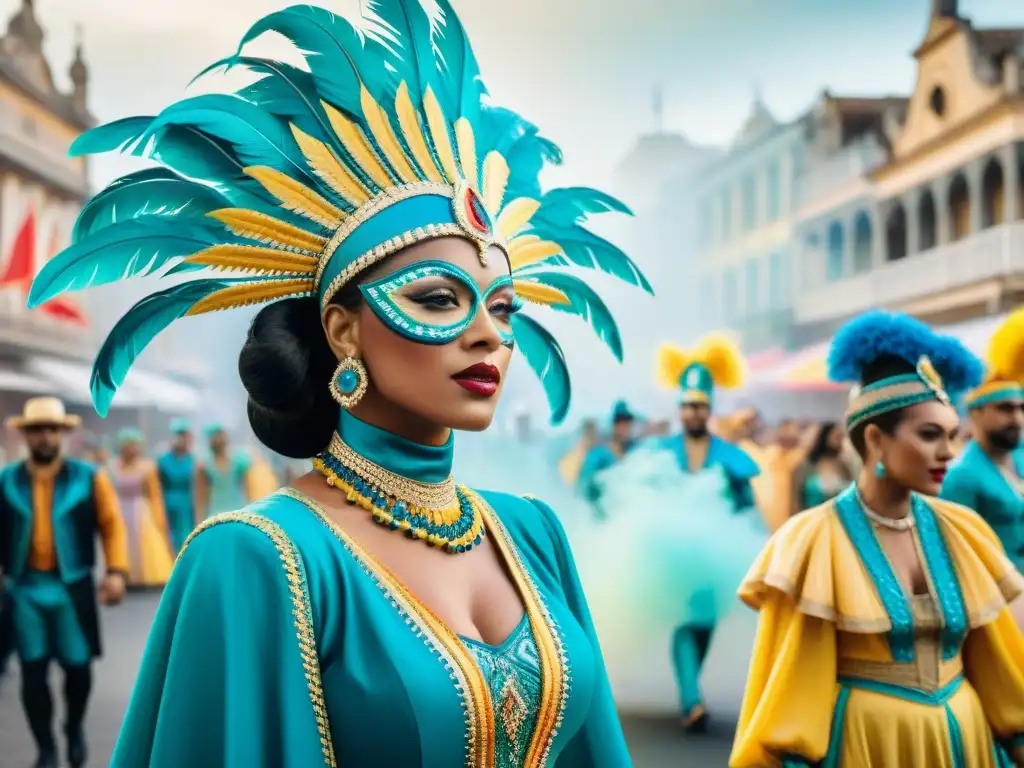 Evocadora ilustración acuarela del diseño de vestuario del Carnaval Uruguayo, fusionando tradición y vanguardia en colores vibrantes