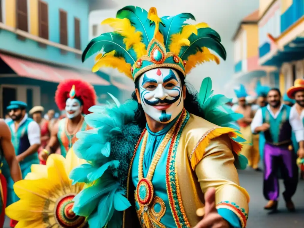 Éxito Carnaval Uruguayo TikTok tácticas: Grupo diverso en vibrante carnaval de Uruguay, danzando con alegría en la calle