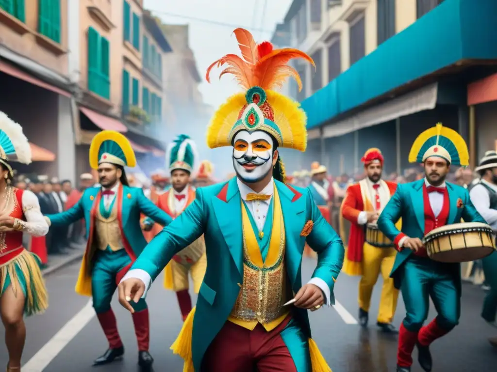 Una exitosa colaboración en el Carnaval Uruguayo: una acuarela detallada de una animada calle llena de coloridos trajes y música festiva