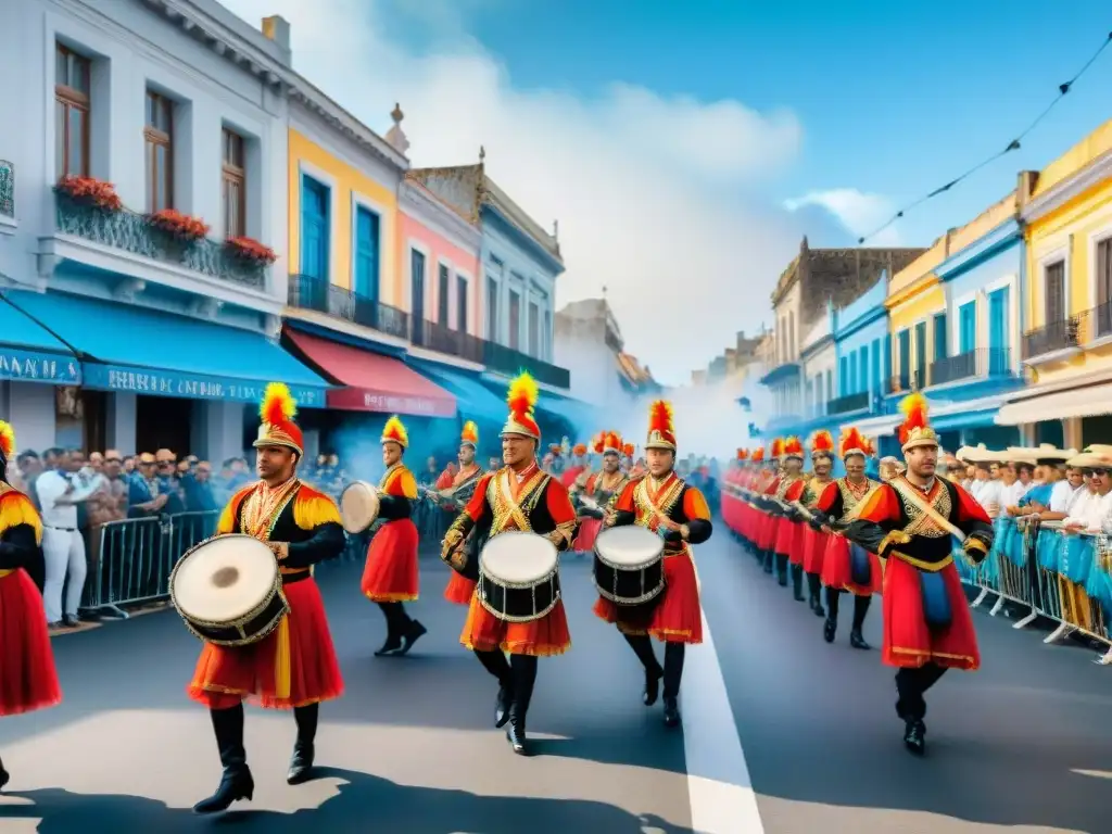 Experiencia auténtica Carnaval Uruguayo: Desfile colorido con bailarines, tambores y espectadores felices bajo el cielo soleado