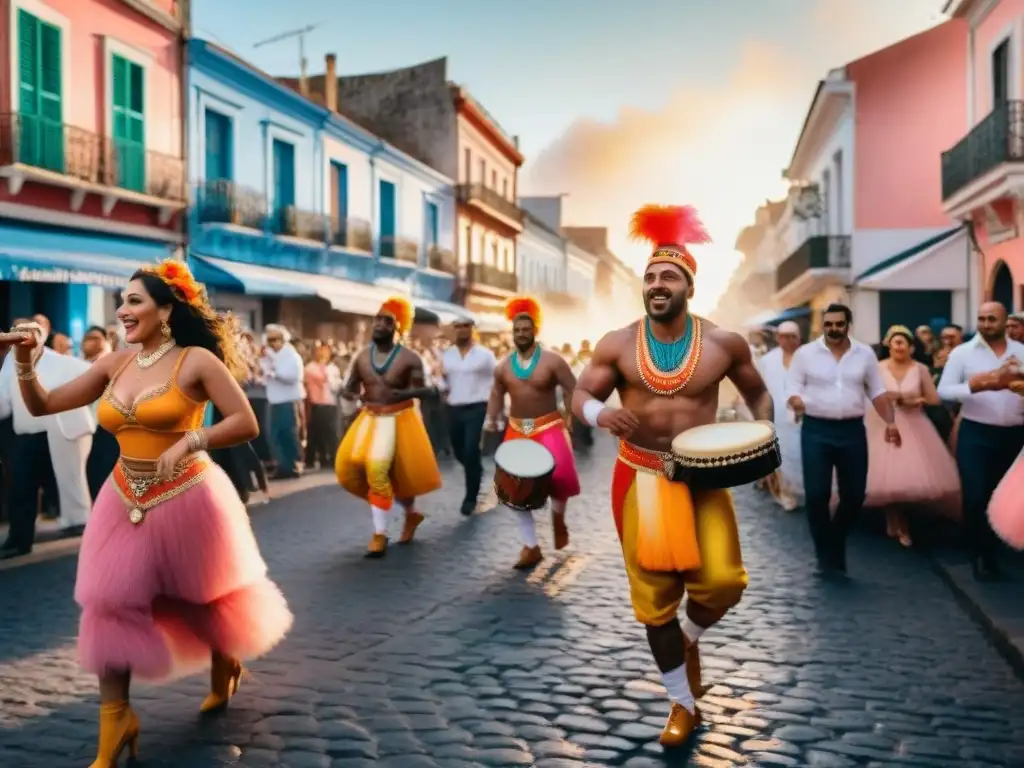 Experiencia auténtica Carnaval Uruguayo: Desfile vibrante con bailarines y tambores en calles históricas de Uruguay al atardecer