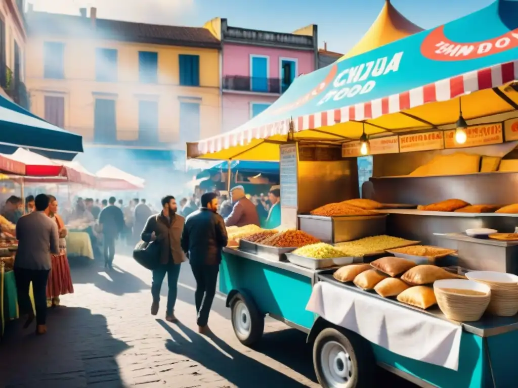 Experiencia completa Carnaval Uruguayo: Pintura acuarela de mercado callejero vibrante con platos tradicionales y ambiente festivo