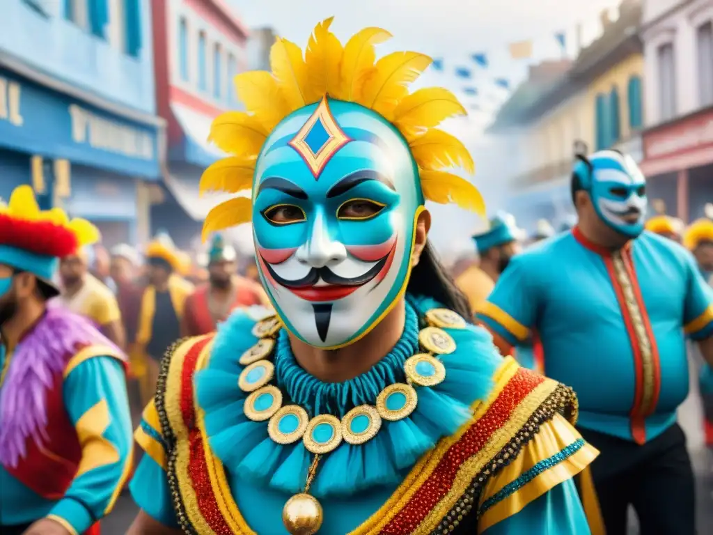 Experiencia extranjeros Carnaval Uruguayo: Desfile vibrante con artistas y música, máscaras coloridas y alegría en el aire