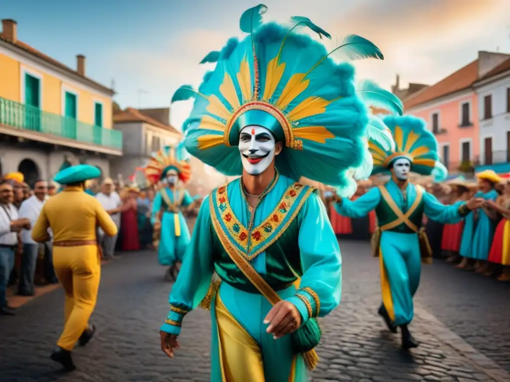 Experiencia zancudos carnaval Uruguay: Desfile colorido de zancudos en el carnaval uruguayo, con energía festiva