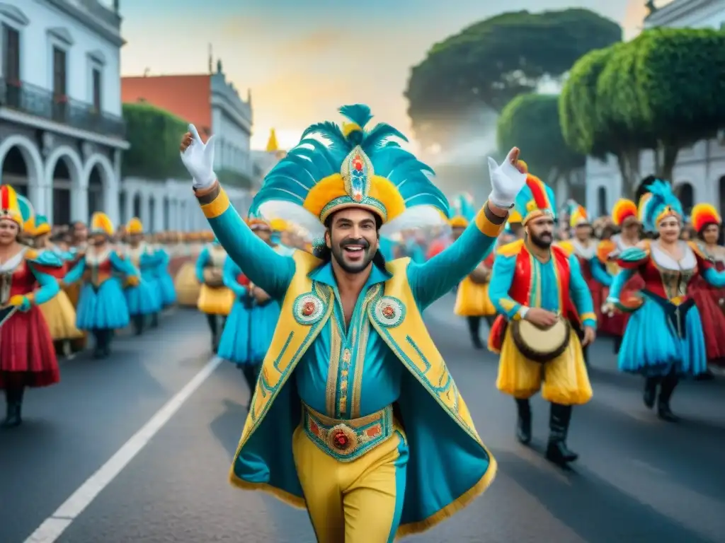 Experiencias inmersivas en el Carnaval Uruguayo: Desfile vibrante con coloridos trajes, carrozas y bailarines en un escenario colonial