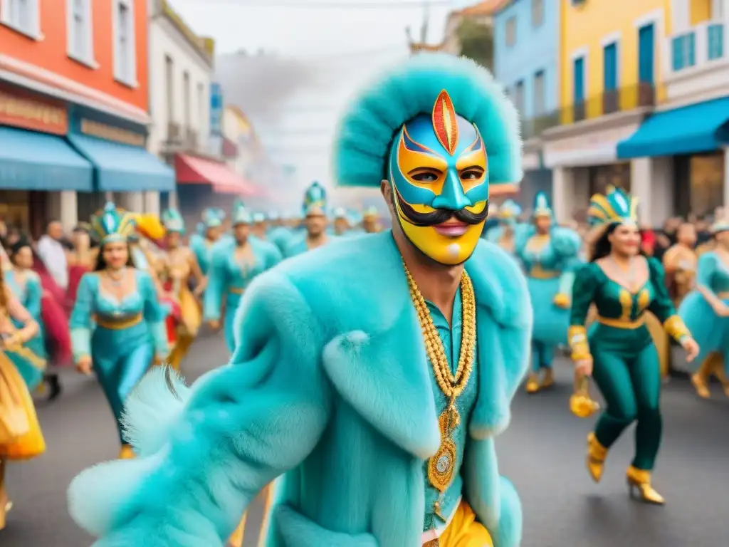 Experiencias únicas del Carnaval Uruguayo: vibrante ilustración acuarela de calle bulliciosa con coloridos desfiles y danzas festivas