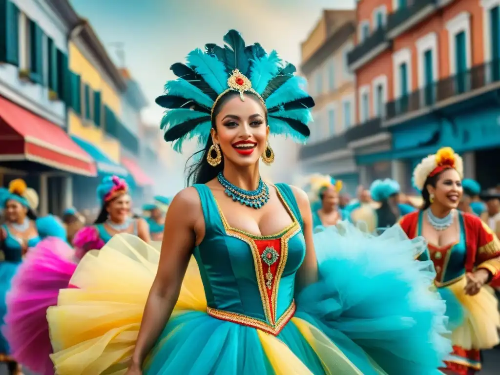 Explosión de color y alegría en pintura acuarela del Carnaval Uruguayo, con bailarines, música y multitudes animadas