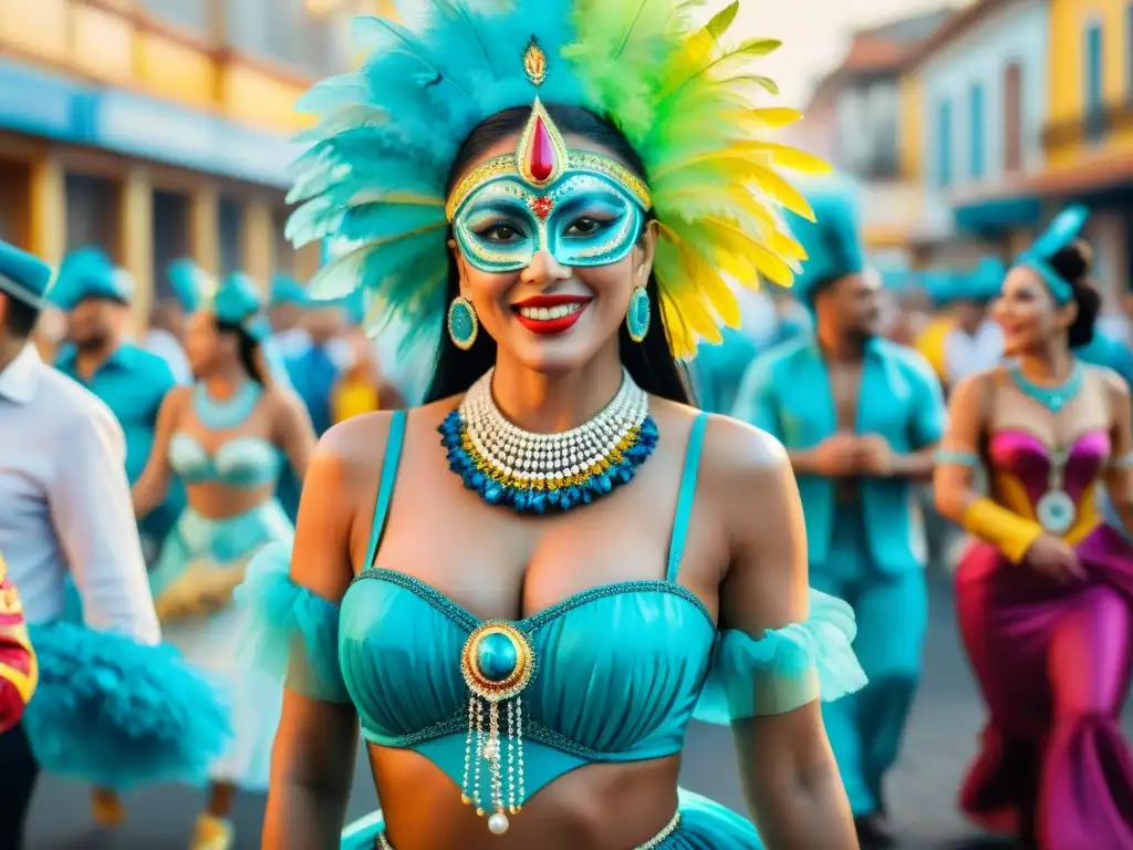 Explosión de colores y alegría en el Carnaval Uruguayo, con trajes tradicionales y danzas vibrantes