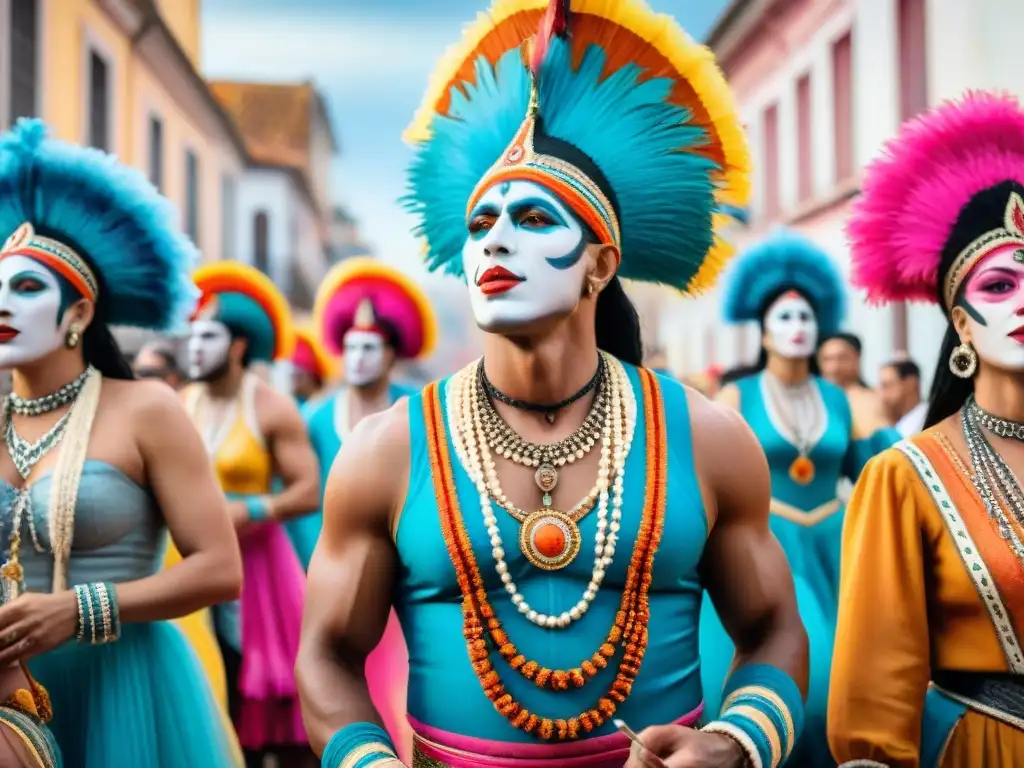 Exportación cultura Carnaval Uruguayo: Colorida murga en Uruguay durante el carnaval, con música y baile