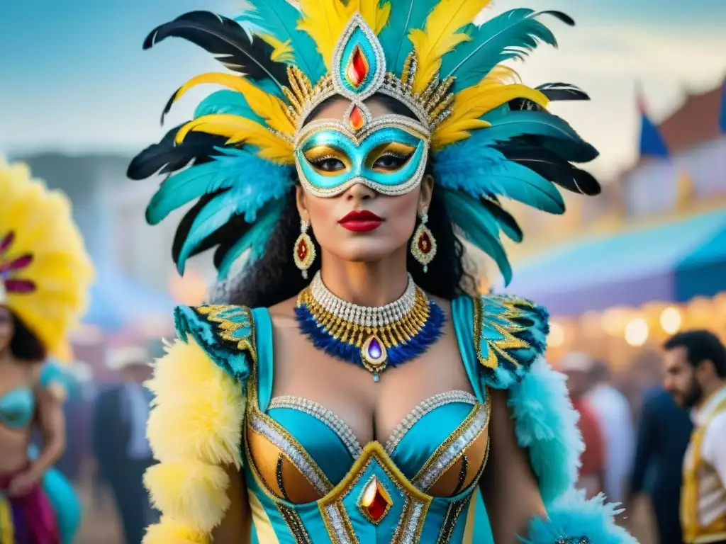 Exquisitos trajes de vedettes en Carnaval Uruguay, reflejando la historia y la creatividad