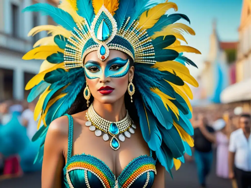 Un exuberante traje de carnaval uruguayo, con joyas ocultas y plumas, capturando la esencia de la moda festiva