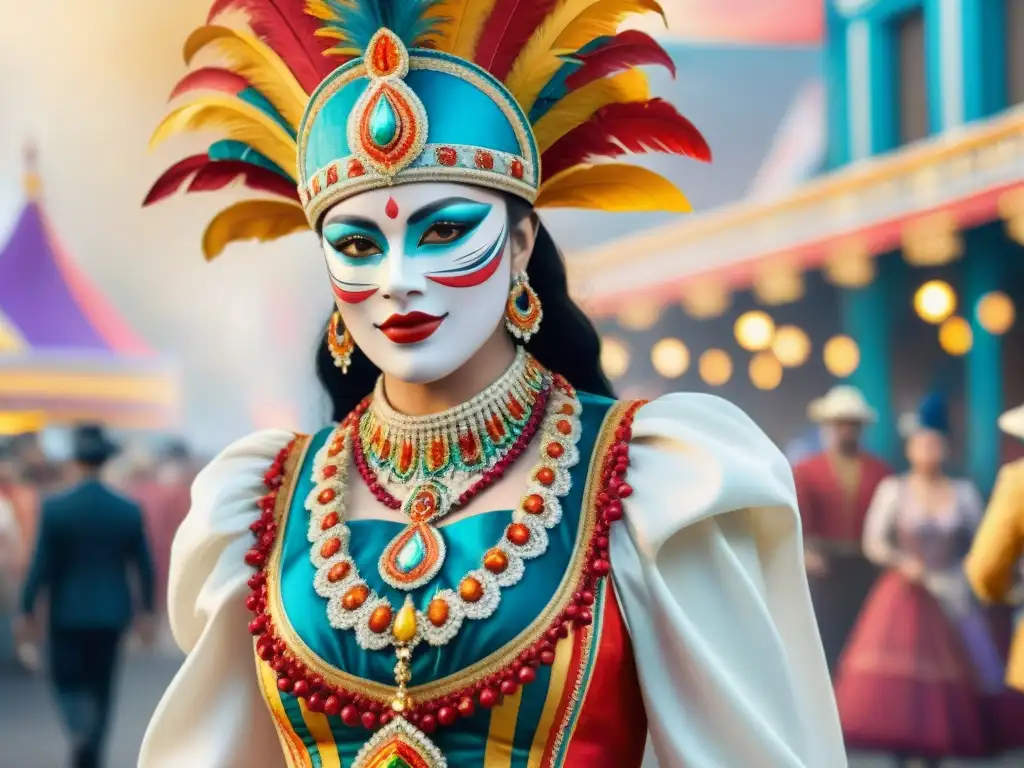 Un exuberante traje histórico de Carnaval con bordados intrincados y vibrantes colores, en medio de un desfile festivo