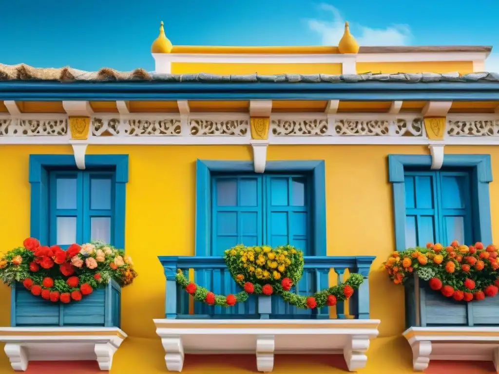 Fachada detallada de hotel lujoso y colorido en Uruguay, decorado para Carnaval