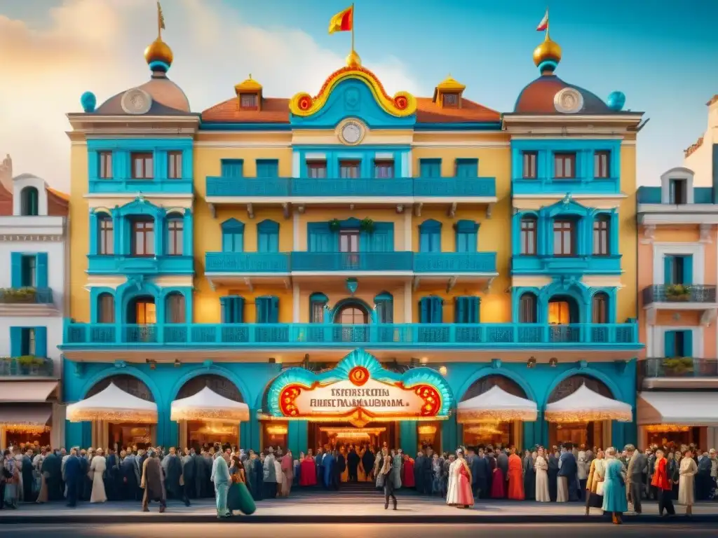 Fachada de hotel lujoso decorado para Carnaval Uruguayo con gente festiva