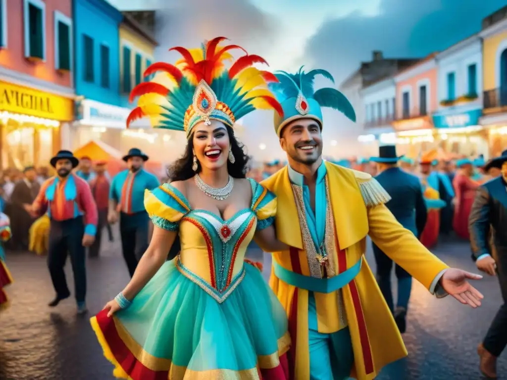 Familia alegre en Carnaval Uruguayo, paquetes familiares, danza y colorido desfile festivo