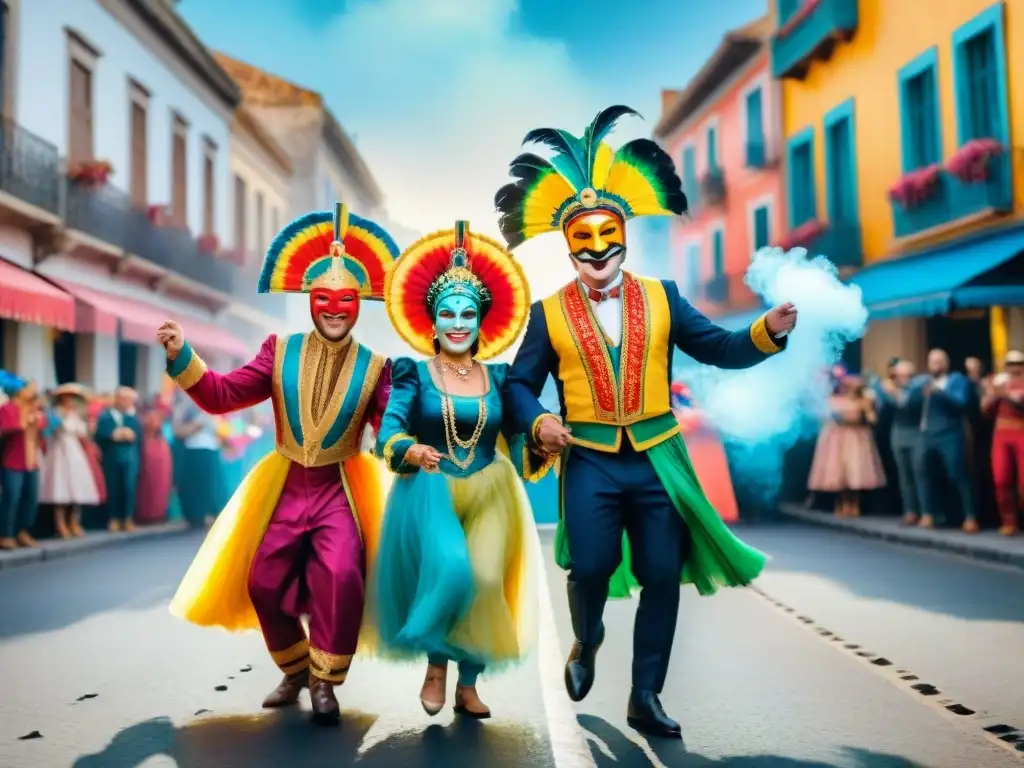 Familia alegre en Carnaval Uruguayo, bailando en desfile colorido