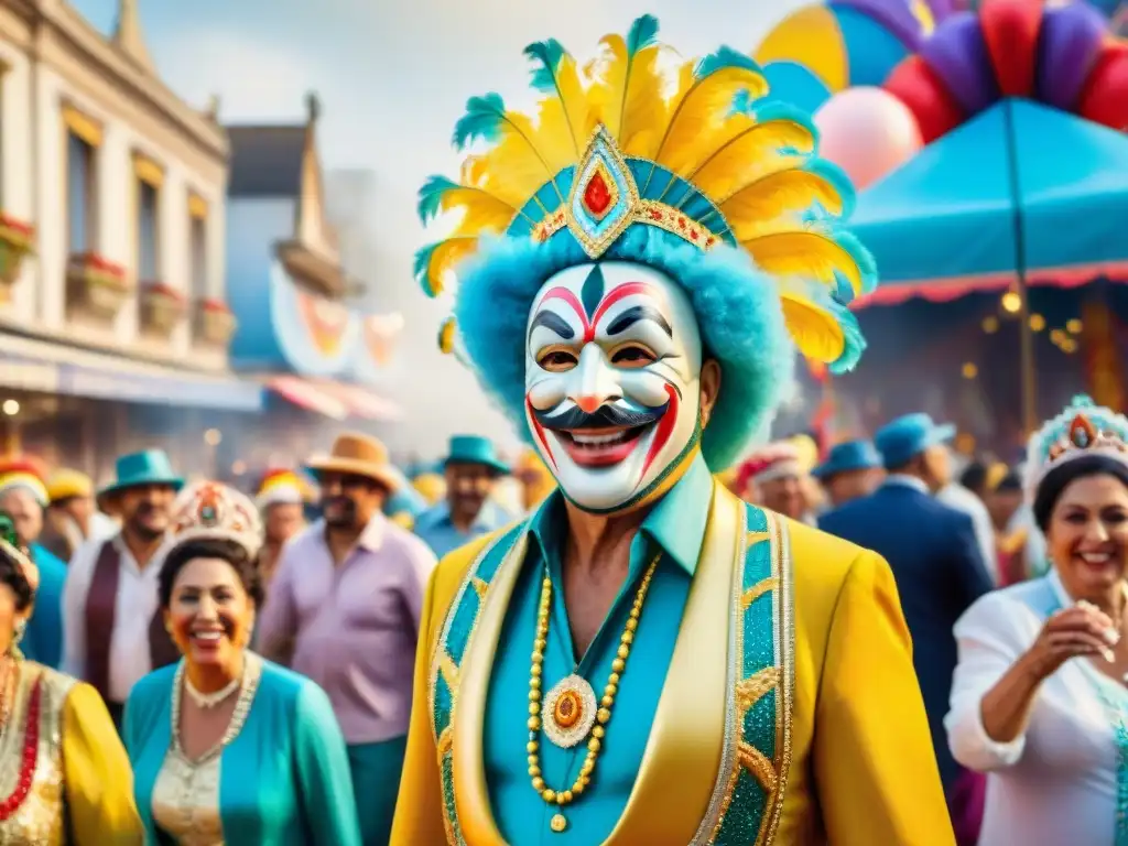 Una familia uruguaya participa alegremente en un vibrante desfile de carnaval, transmitiendo la cultura con coloridos trajes y máscaras