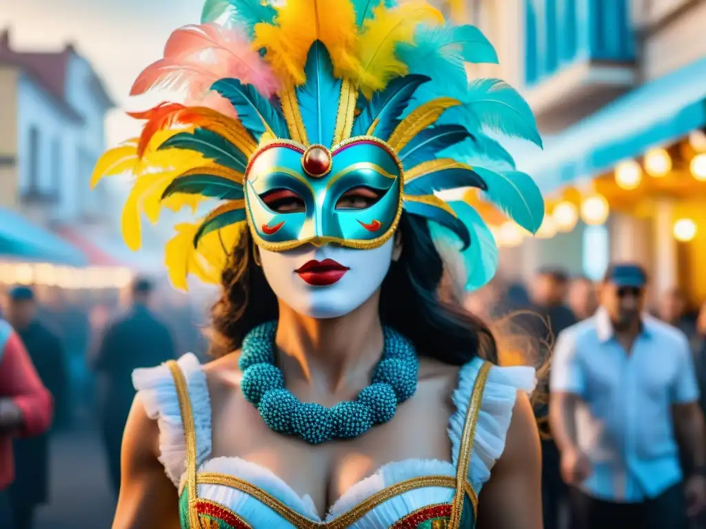 Festejo en Uruguay con máscaras y trajes coloridos, desfile animado y música, destacando la iluminación escenarios Carnaval Uruguay