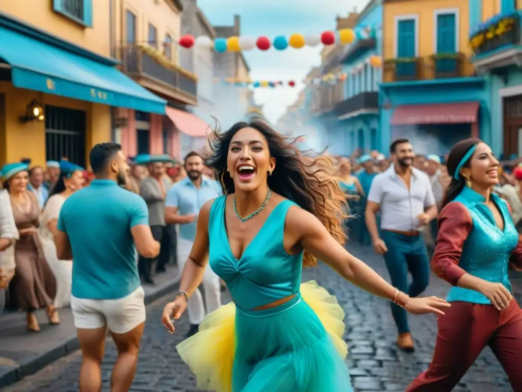 Festiva calle uruguaya durante Carnaval, música tradicional y confeti en el aire