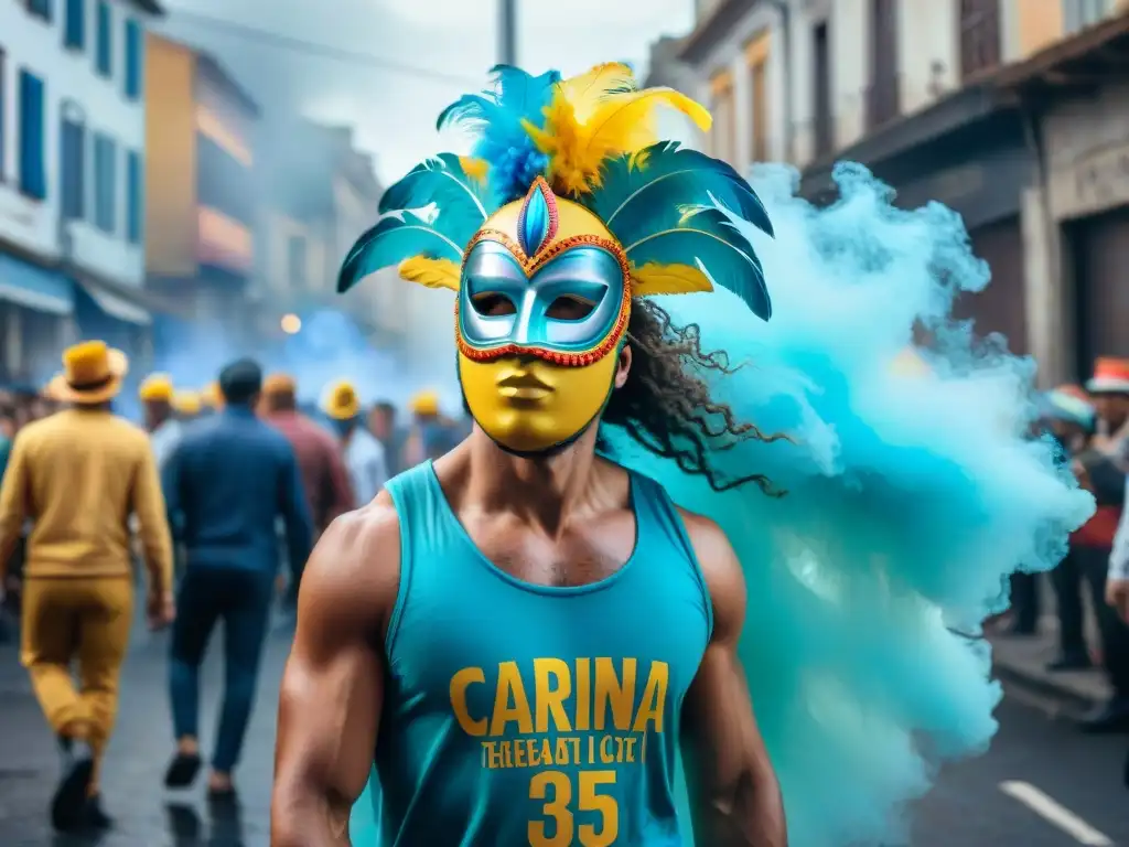 Festiva calle uruguaya con máscaras coloridas, danzas y arte callejero en el Carnaval