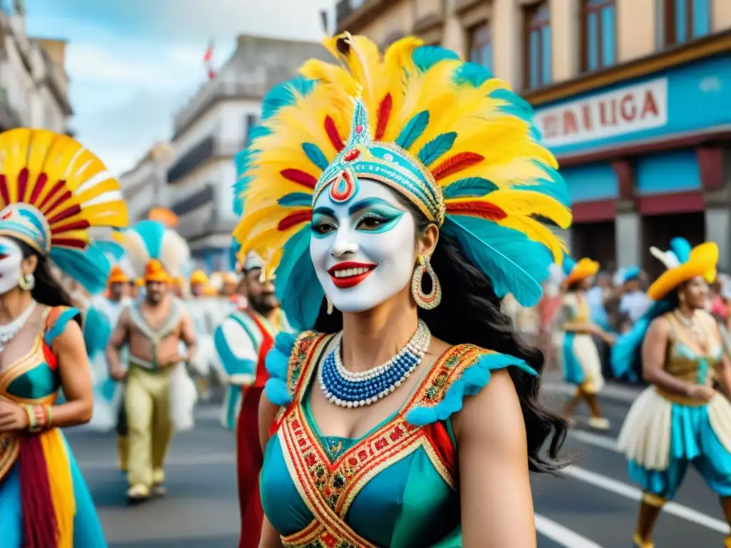 Una festiva procesión de Carnaval en Uruguay, con deslumbrantes bailarines y coloridos carros alegóricos